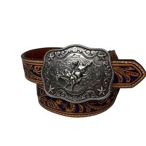 Kids‎ Western bull riding rodeo Leather Belt Silver Buckle tooled blue inlay